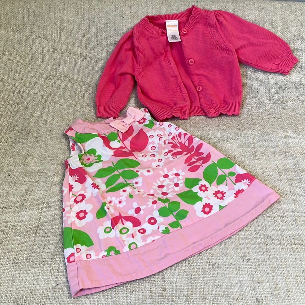 Gymboree 0-3 month pink, white, & green floral tank dress w/ matching cardigan
